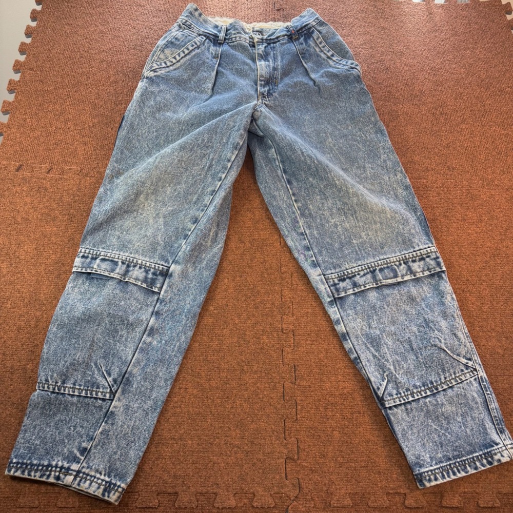 Vintage Bugle Boy Special Issue Acid Wash Cargo Jeans Pleated Tapered Blue 26x28